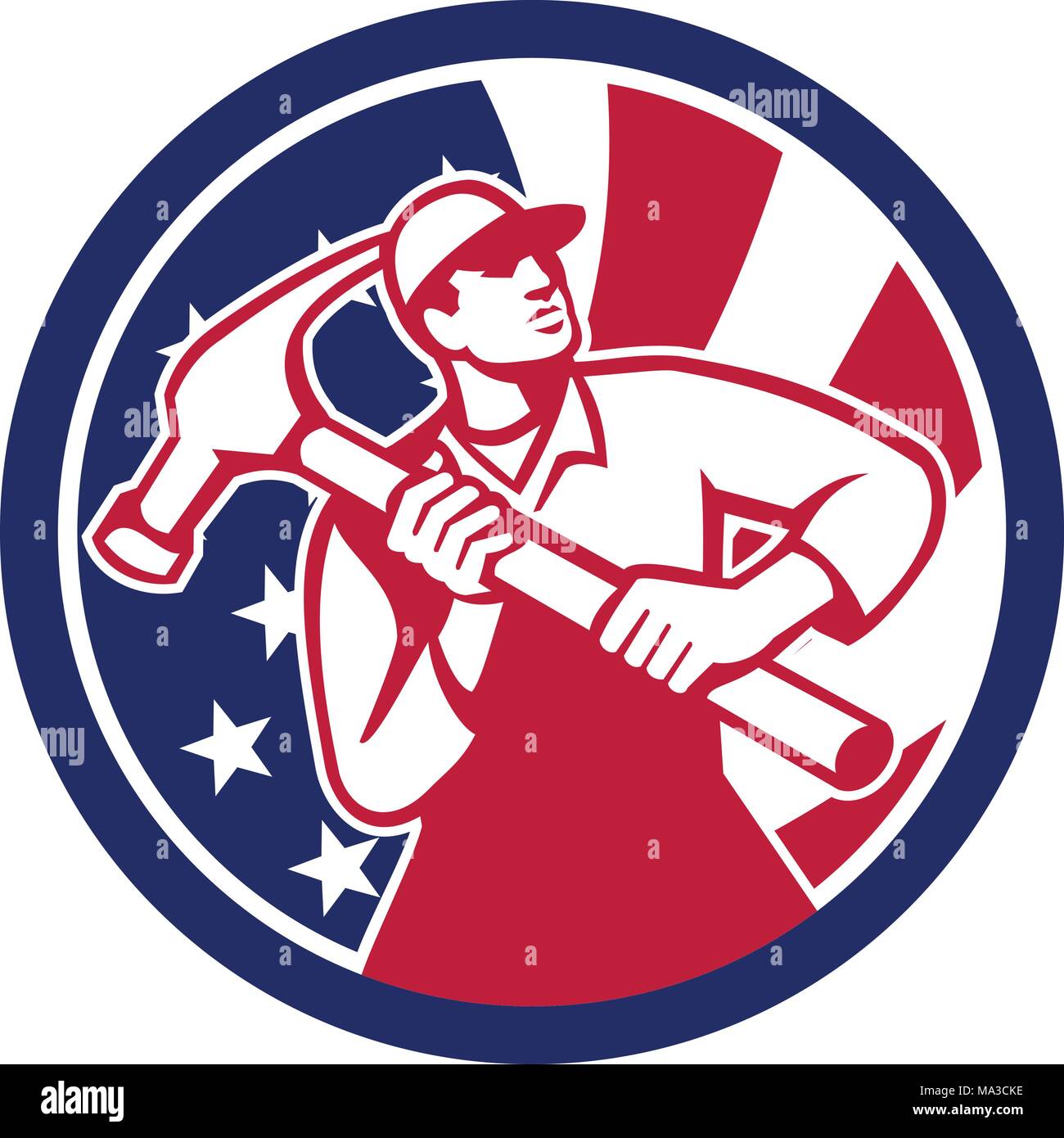 Symbol Retro Stil Abbildung der Amerikanischen Heimwerker, Tischler, Builder, Schreiner, Bauarbeiter halten hammer Vereinigte Staaten von Amerika USA star span Stock Vektor