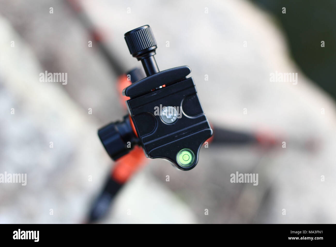 Stativ mit Wasserwaage von oben Stockfoto