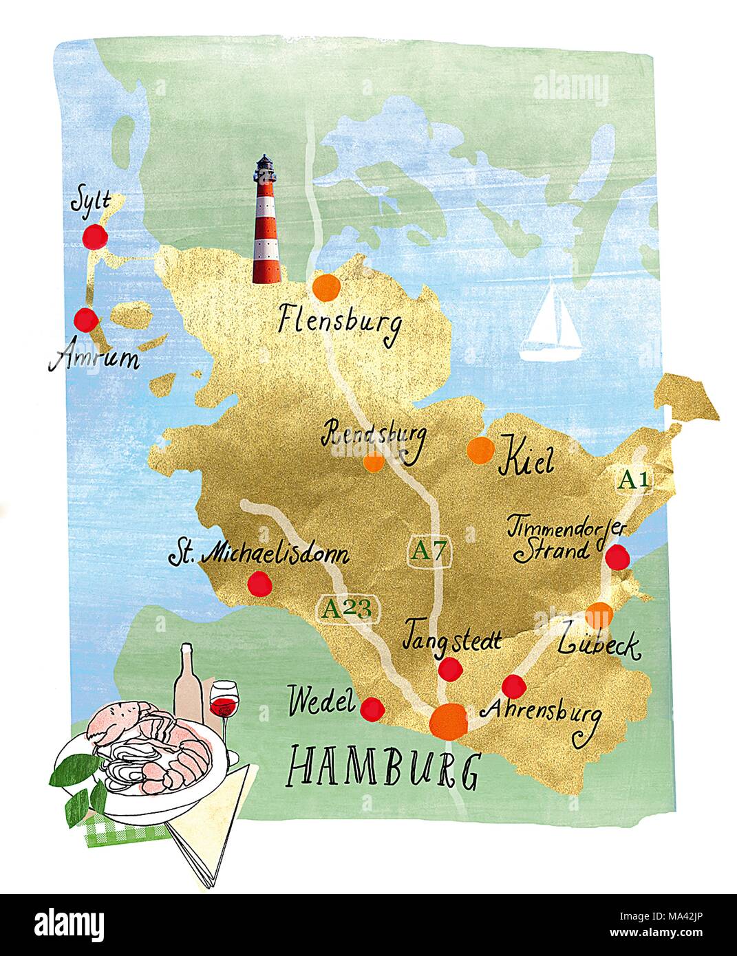 Eine handgezeichnete Karte von Hamburg und der Region im Norden Deutschlands Stockfoto