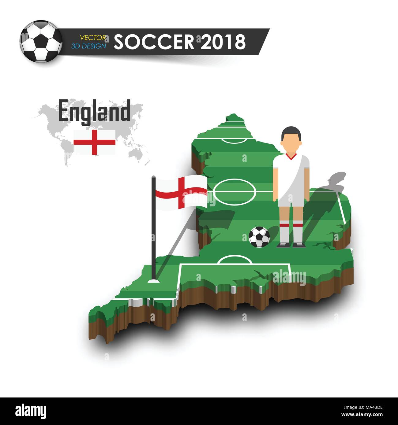 England National Soccer Team. Fußballspieler und Flagge auf 3d-design Land Karte. isolierte Hintergrund. Vektor für internationale Wm-t Stock Vektor