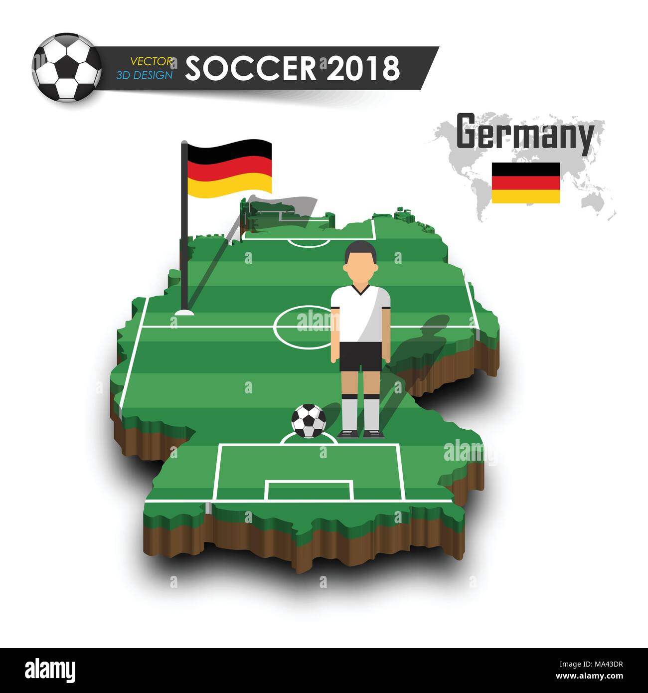 Deutschland Fußball-Nationalmannschaft. Fußballspieler und Flagge auf 3d-design Land Karte. isolierte Hintergrund. Vektor für internationale Wm-t Stock Vektor