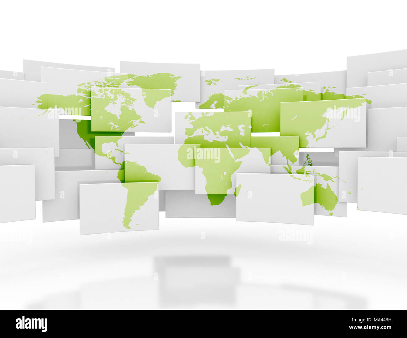 Grüne Welt Karte auf leeren 3d-Quadrate mit Reflektion Stockfoto