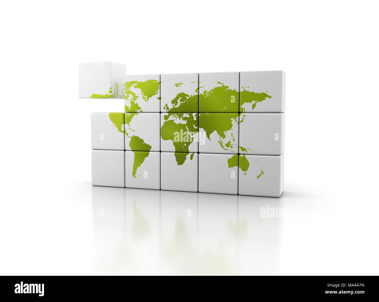 Eine grüne Welt. 3D-Würfel und grüne Welt Karte auf Würfel Bausteine Stockfoto
