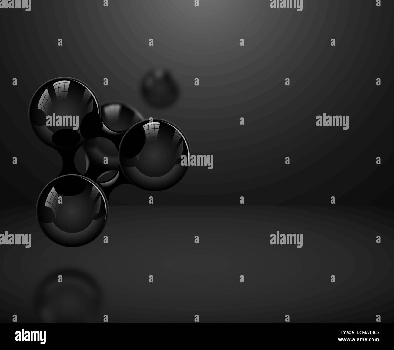 Abstrakte schwarz-glänzenden Moleküle oder Atome auf dunklem Hintergrund. Vector Illustration für die moderne Wissenschaft Medical Design oder Logo. Molekulare Struktur Stock Vektor