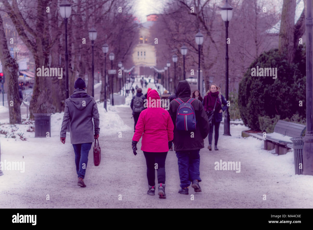 OSLO, Norwegen - 8. MÄRZ 2017: Im Freien von Menschen zu Fuß an Vigeland Park, warme Kleidung tragen auf einer luftigen Wintertag, in Oslo, Norwegen. Stockfoto