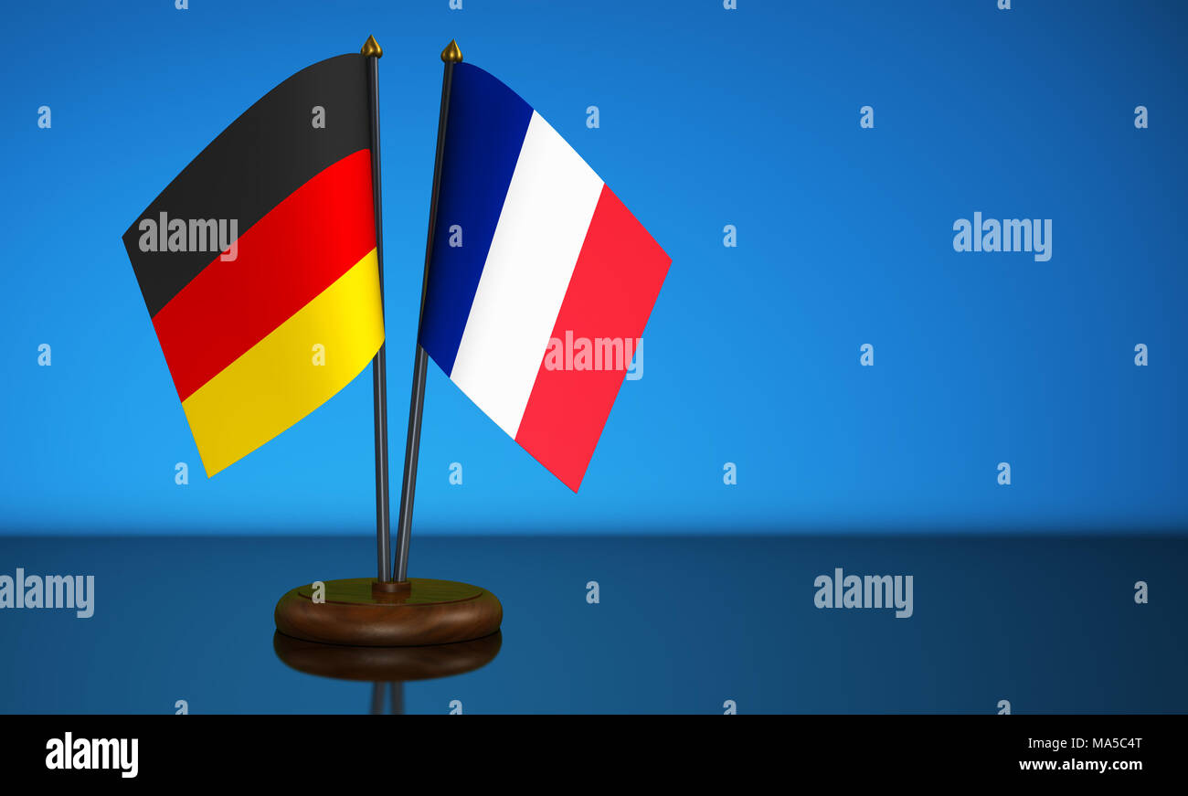 Deutschland Fahne und Frankreich Schreibtisch Fahnen Handel, Freundschaft und Handelsbeziehungen Konzept 3D-Abbildung. Stockfoto