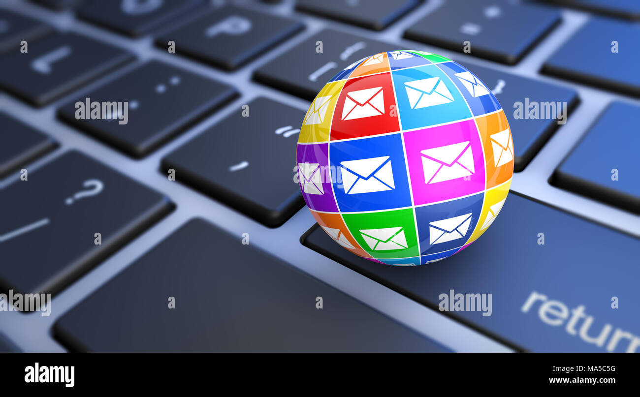 Web und Internet-e-mail digitales Marketing Konzept mit einer PC-Tastatur und bunte e-Symbole auf einem Globus 3D-Abbildung. Stockfoto