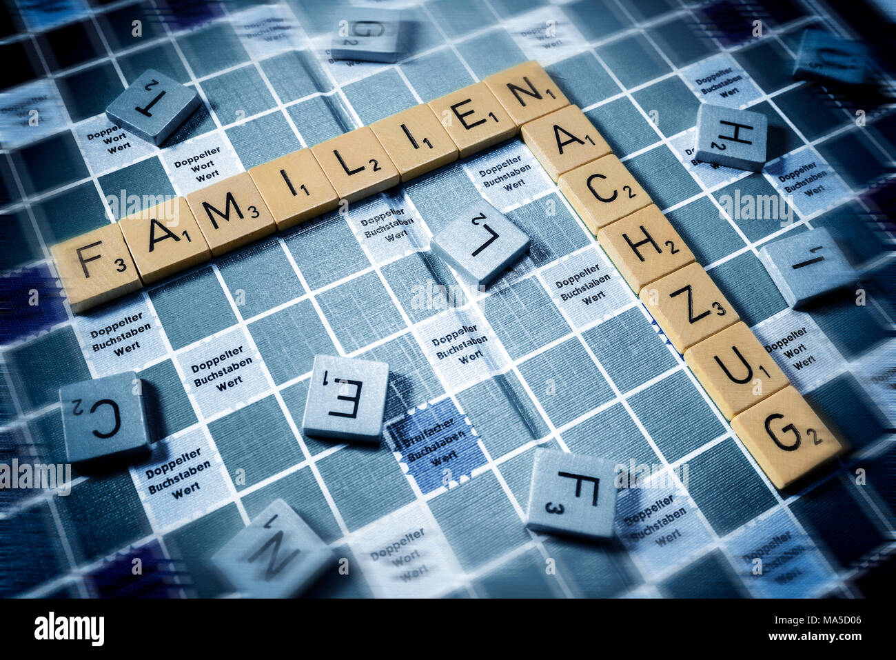 Buchstaben, Wörter "Familien" und "NACHZUG", Familientreffen, Symbol Stockfoto