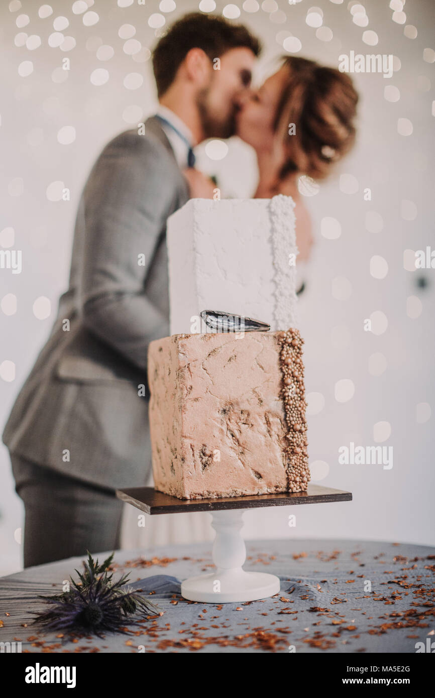 Brautpaar, Kiss, Tisch mit Hochzeitstorte, Detail, Blur, Stockfoto