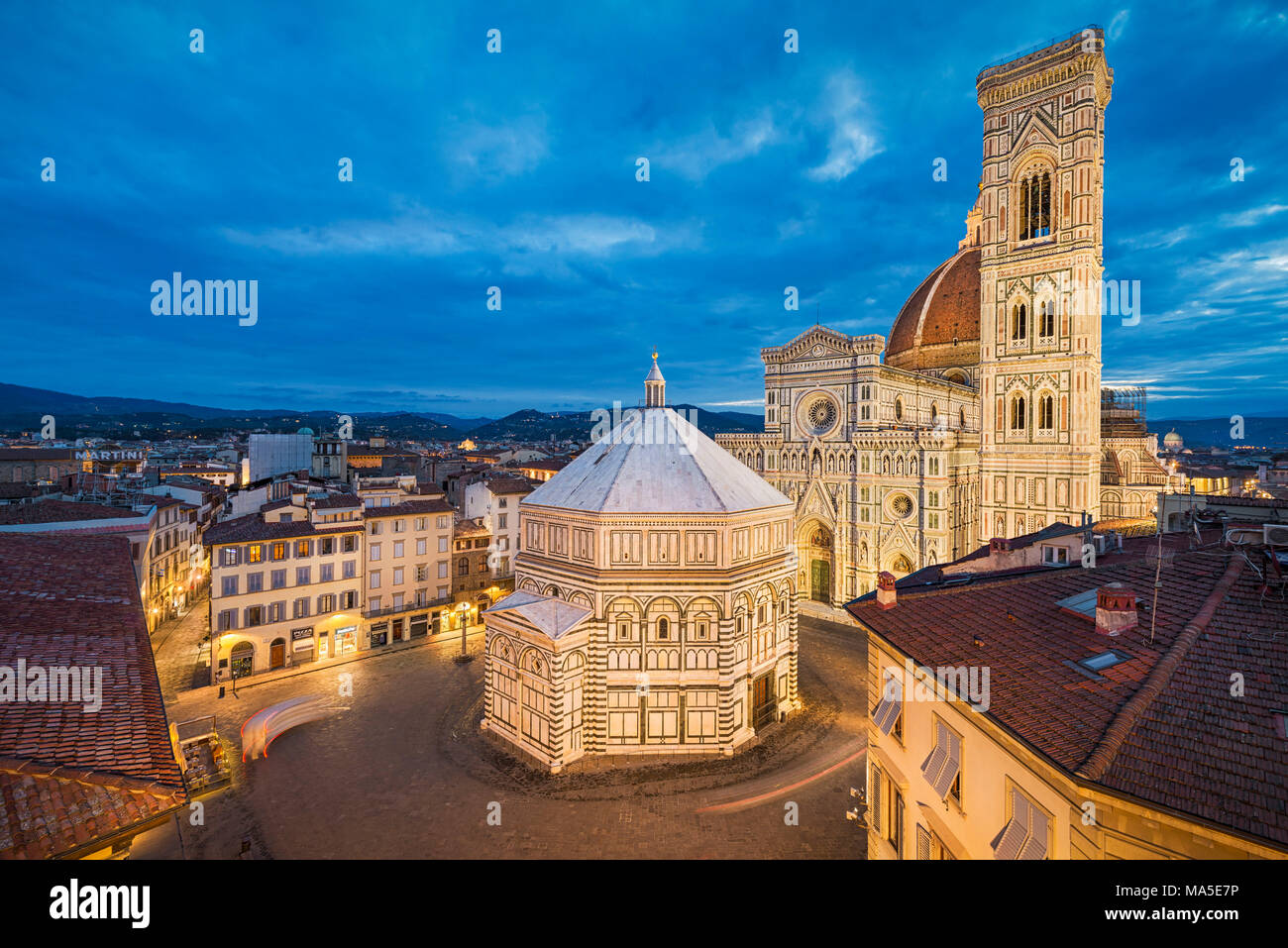 Night Skyline von Florenz, Italien mit der Kathedrale Santa Maria del Flore Stockfoto