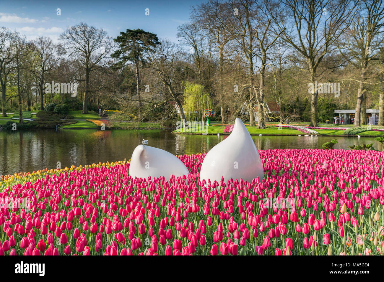 Bulblike Skulptur und rosa Tulpen auf dem Keukenhof Gärten. Lisse, Provinz Südholland, Niederlande. Stockfoto