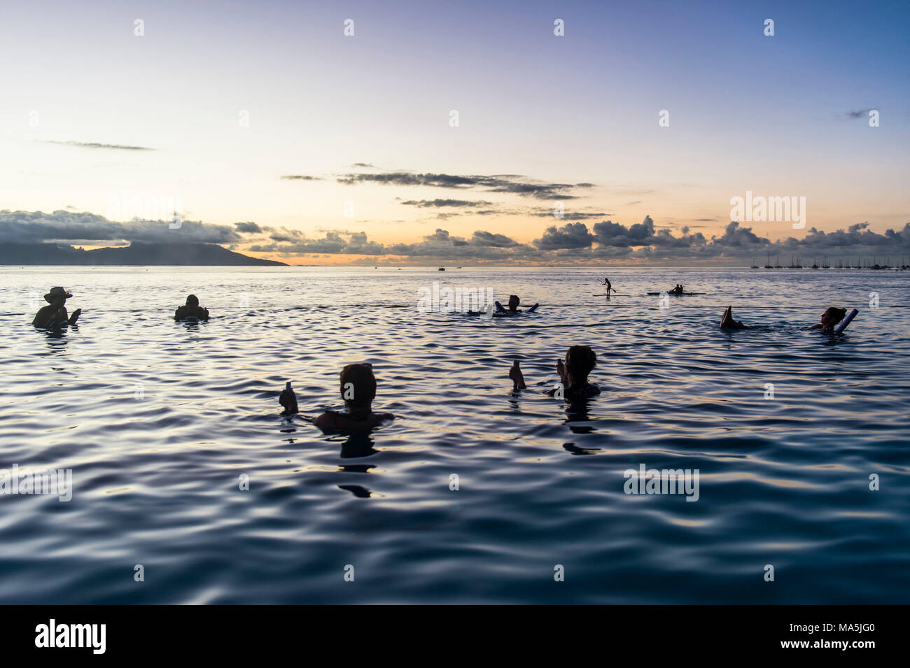 Wasser Radfahren in einem Pool bei Sonnenuntergang, Papeete, Tahiti, Französisch-Polynesien Stockfoto