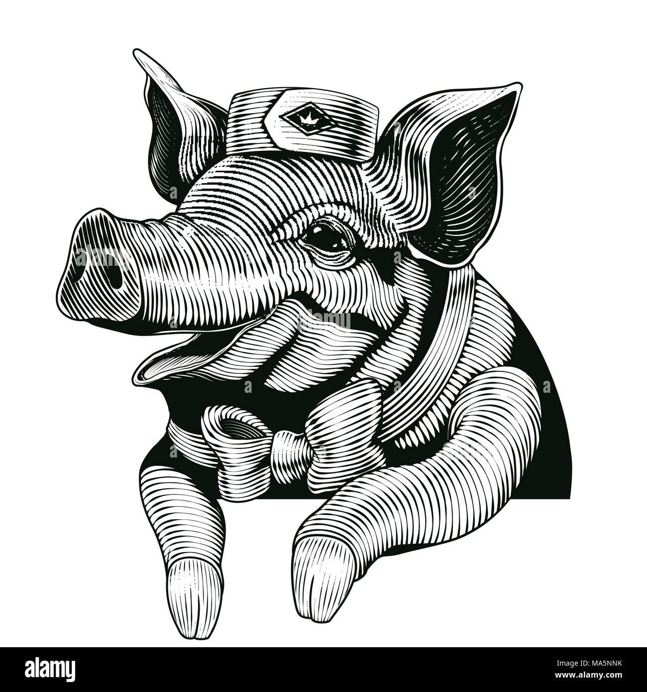 Gravur style Schwein, lächelnde Schwein Gestaltungselemente für Delikatessengeschäft Stock Vektor