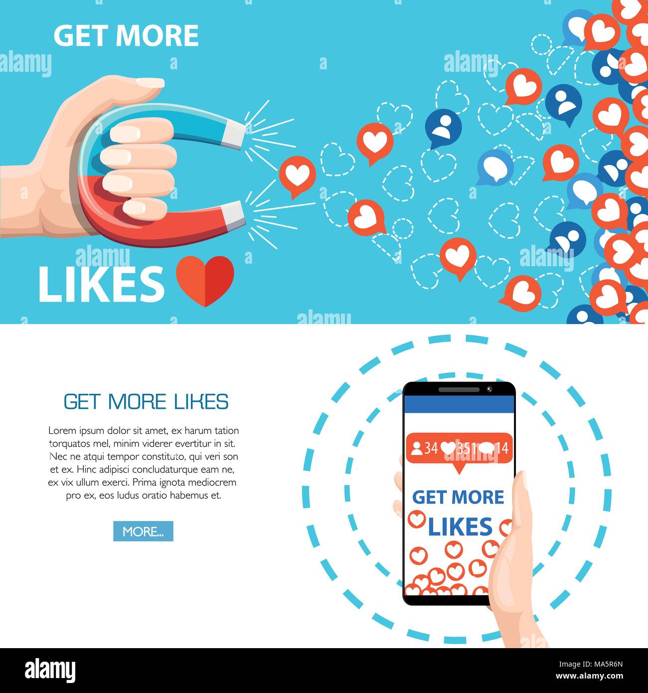 Mehr Mag. Hand halten Horseshoe Magnet ziehen oder viele mag und Smartphone erhalten. SEO-Konzept. Vector Illustration auf Weißem und Blauem Hintergrund. Wir Stock Vektor