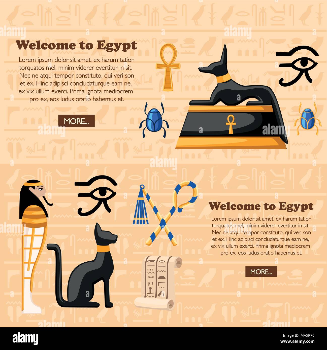 Travel Concept. Nach Ägypten poster Willkommen. Antike Ägyptische Symbole und Dekoration Ägypten flachbild Symbole Vector Illustration auf Hieroglyphen Textur backgroun Stock Vektor