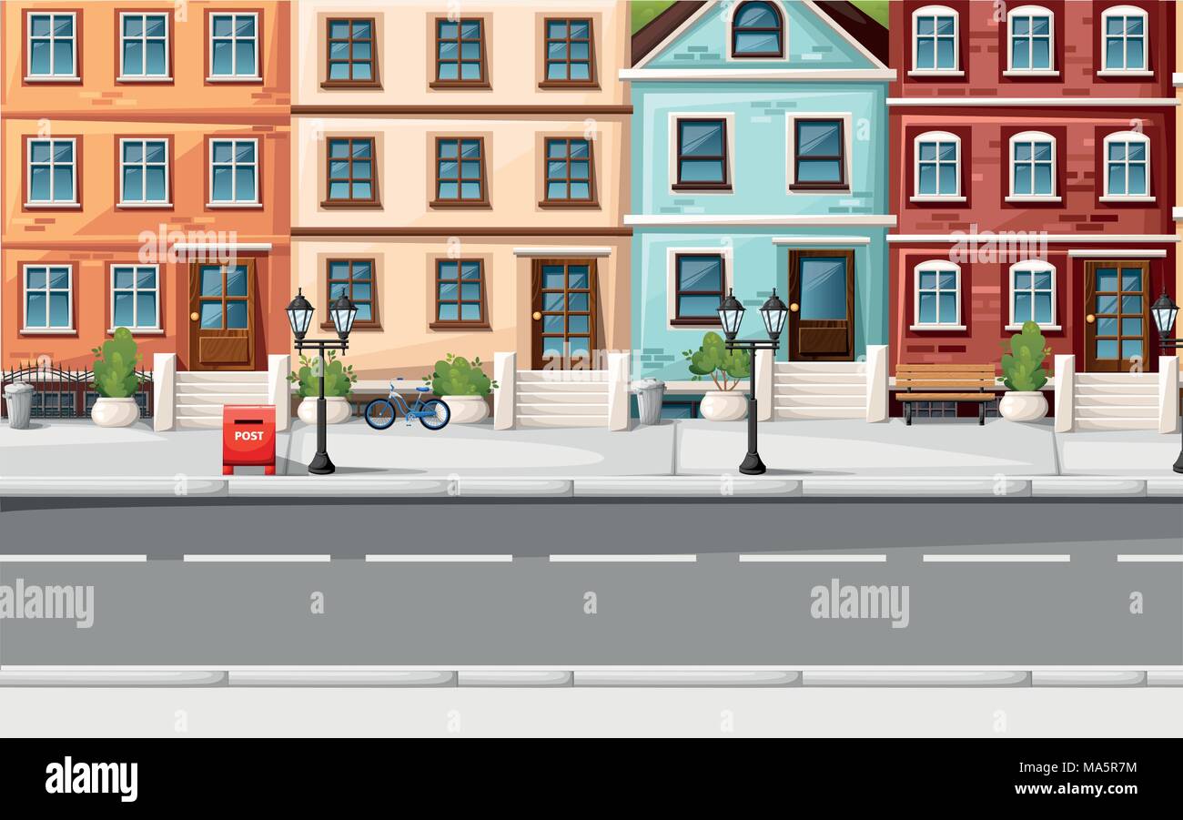 Straße mit bunten Häusern Hydranten Scheinwerfer Sitzbank red mailbox und Büsche in den Vasen Cartoon Stil Vector Illustration Webseite und mobile App de Stock Vektor