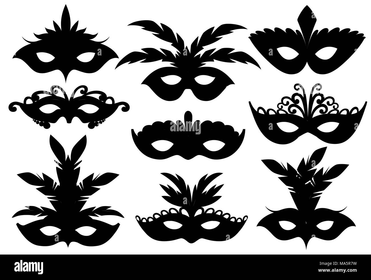 Schwarze Silhouetten Einstellen Des Karnevals Gesichtsmasken Masken Fur Party Dekoration Oder Maskerade Maske Mit Federn Vector Illustration Auf Weissen Bac Isoliert Stock Vektorgrafik Alamy