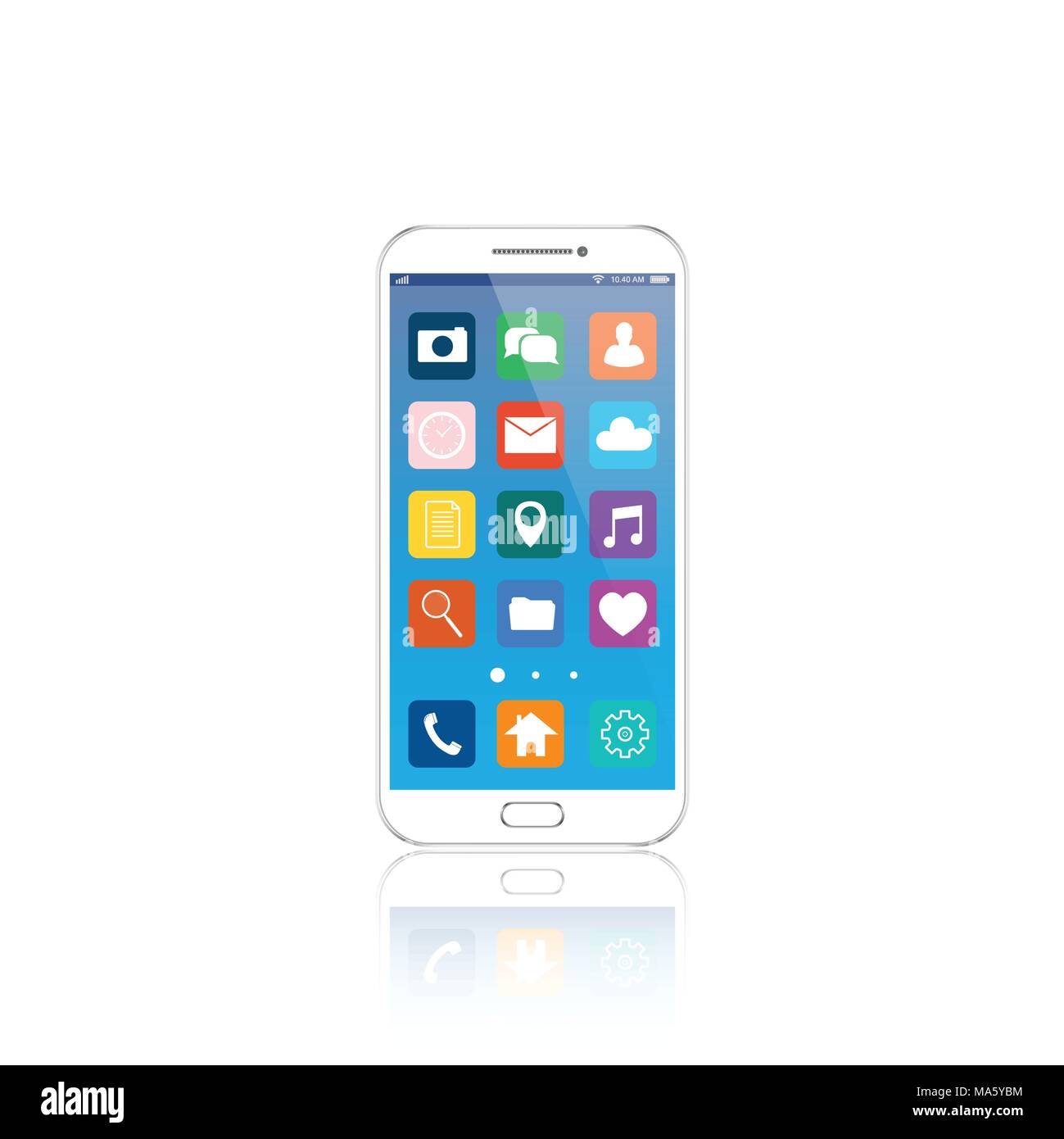 White Smartphone mit Wolke von Programmsymbolen und Apps Symbole um sie herum fliegen, auf weißem Hintergrund. EPS 10. Stock Vektor