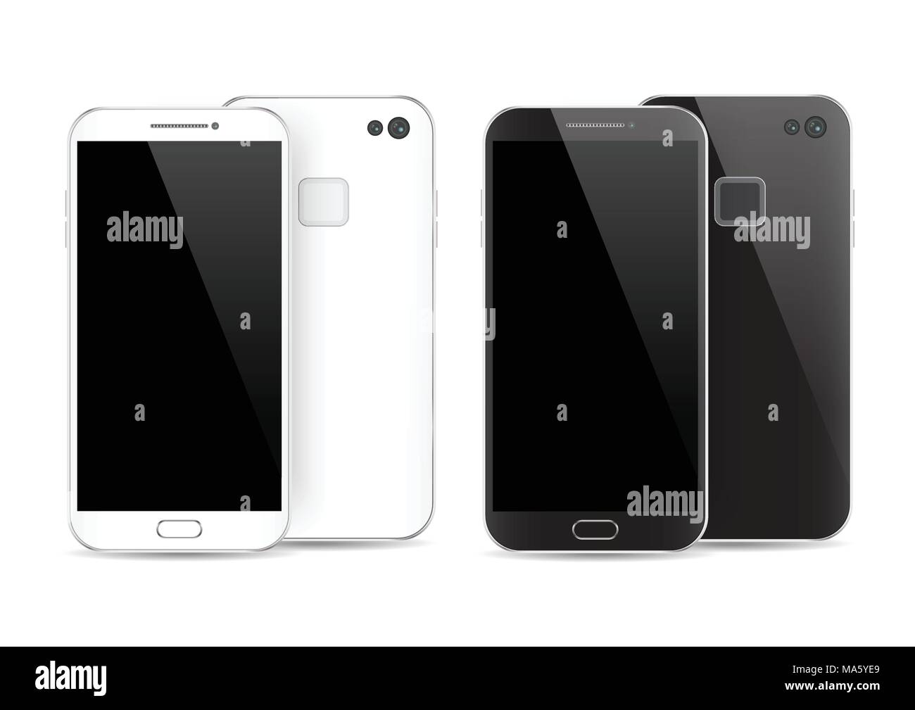 Moderne schwarze und weiße Smartphone isoliert. Vorder- und Rückseite der Vektor smartphone Abbildung. Mobiltelefon mockup zurück. Stock Vektor