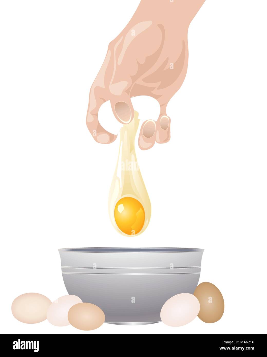 Ein Vektor Abbildung im EPS 10 Format einer Hand brechen ein Ei in einer Schüssel auf einem weißen Hintergrund isoliert Stock Vektor
