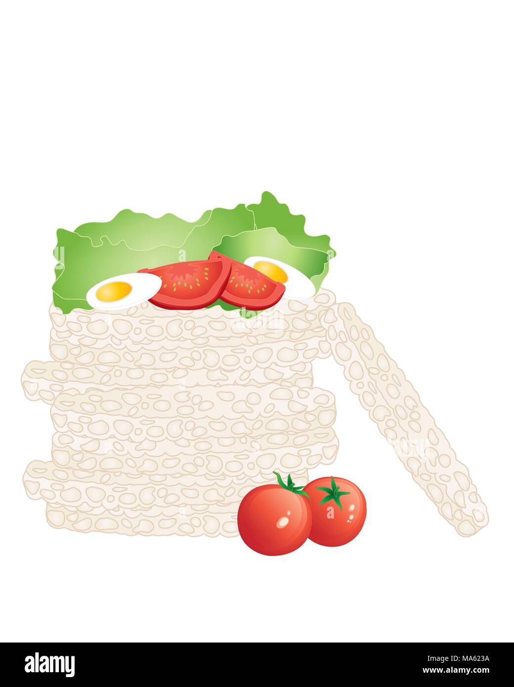 Ein Vektor Abbildung im EPS 10 Format von einem Haufen Reis Kuchen in einem Stack mit frischen Bio Tomaten Salat und Ei isoliert auf weißem Hintergrund Stock Vektor