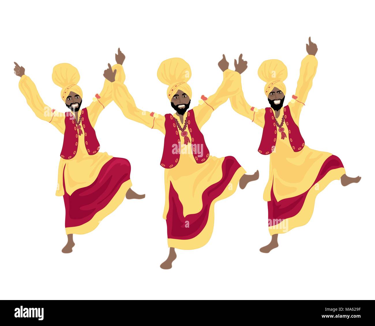 Ein Vektor Abbildung im EPS 10 Format von drei Punjabi Männer Durchführen einer Bhangra Tanz in farbenfrohen roten und gelben traditionelles Kleid Stock Vektor