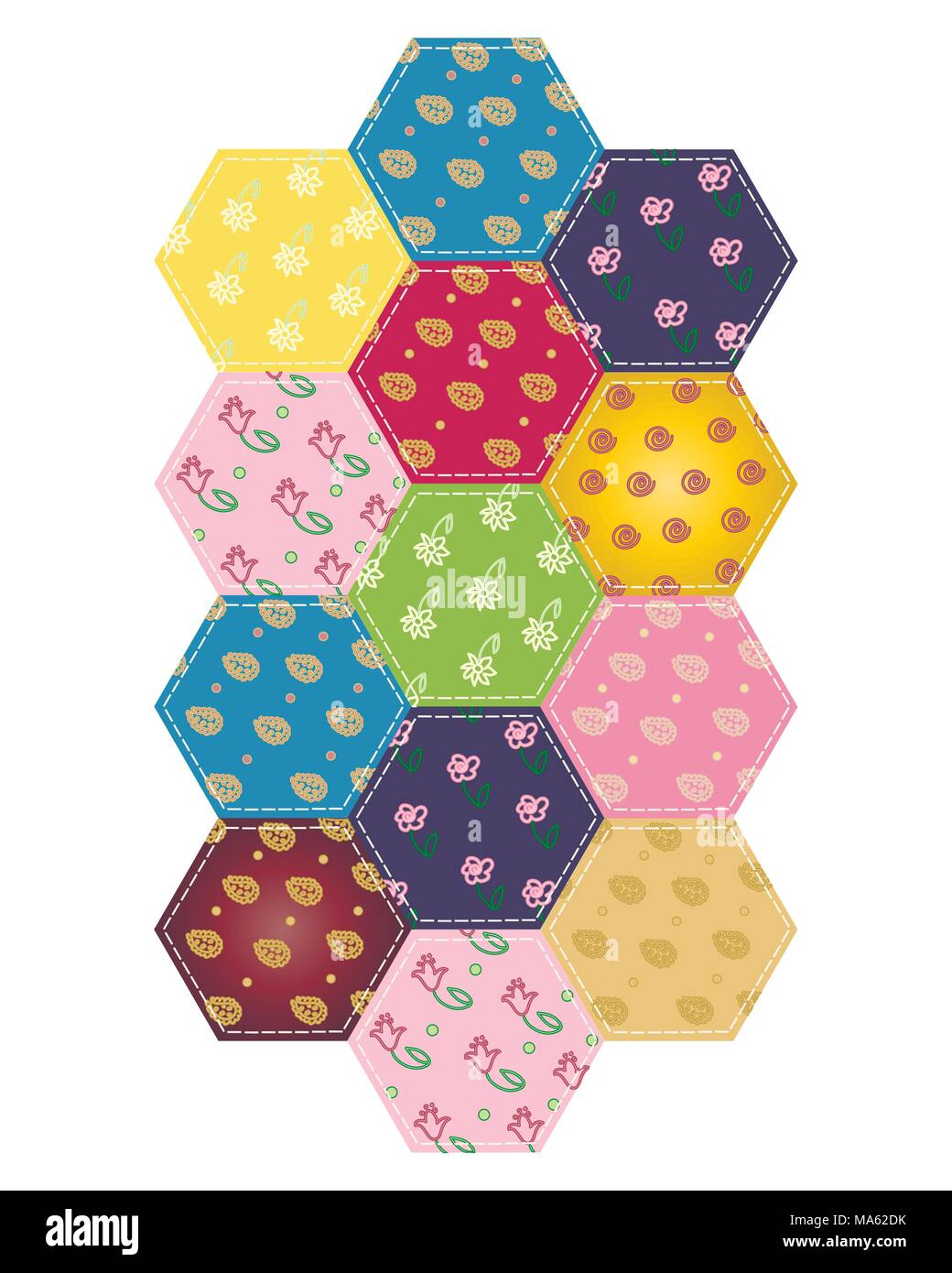 Ein Vektor Abbildung im EPS 10 Format von einem bunten Abschnitt von Patchwork nähen im Hexagon Stücke mit verschiedenen Designs auf weißem Hintergrund Stock Vektor