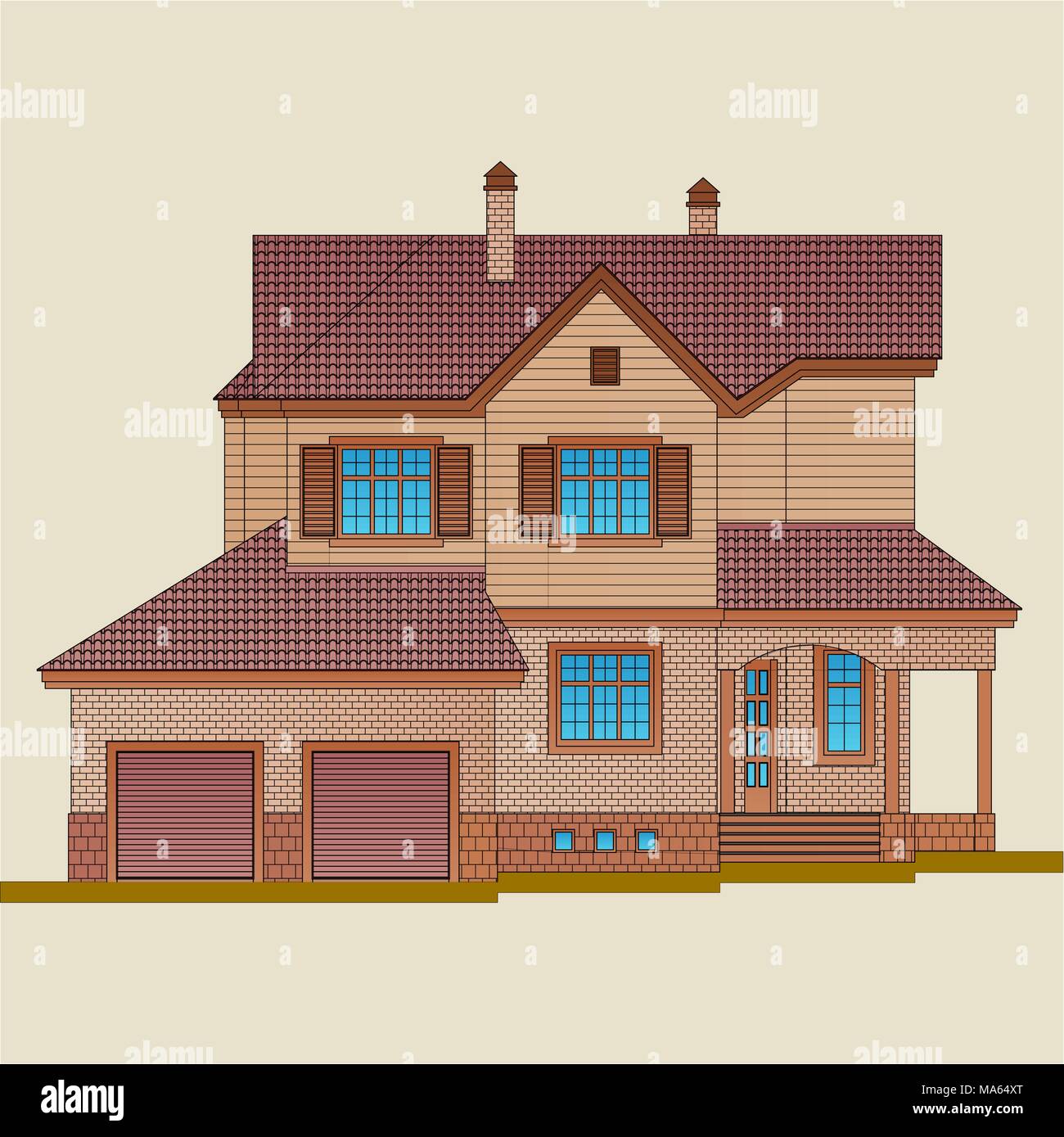 Das Haus ist von Licht aus Backstein und Holz gebaut. American style Architektur eines Wohnhauses. Stock Vektor