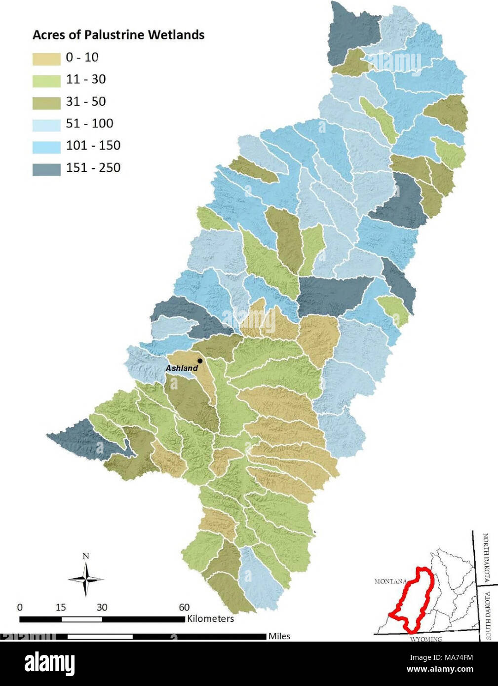 . Südosten Montana Feuchtgebiet Bewertung: die Entwicklung und Verfeinerung von Montana Feuchtgebiet Bewertung und Überwachung der Strategie. 0 15 30 60 Abbildung 10. Morgen palustrine Feuchtgebiet durch sechste Code hydrologischen Einheit in der unteren Zunge River. 63 Stockfoto