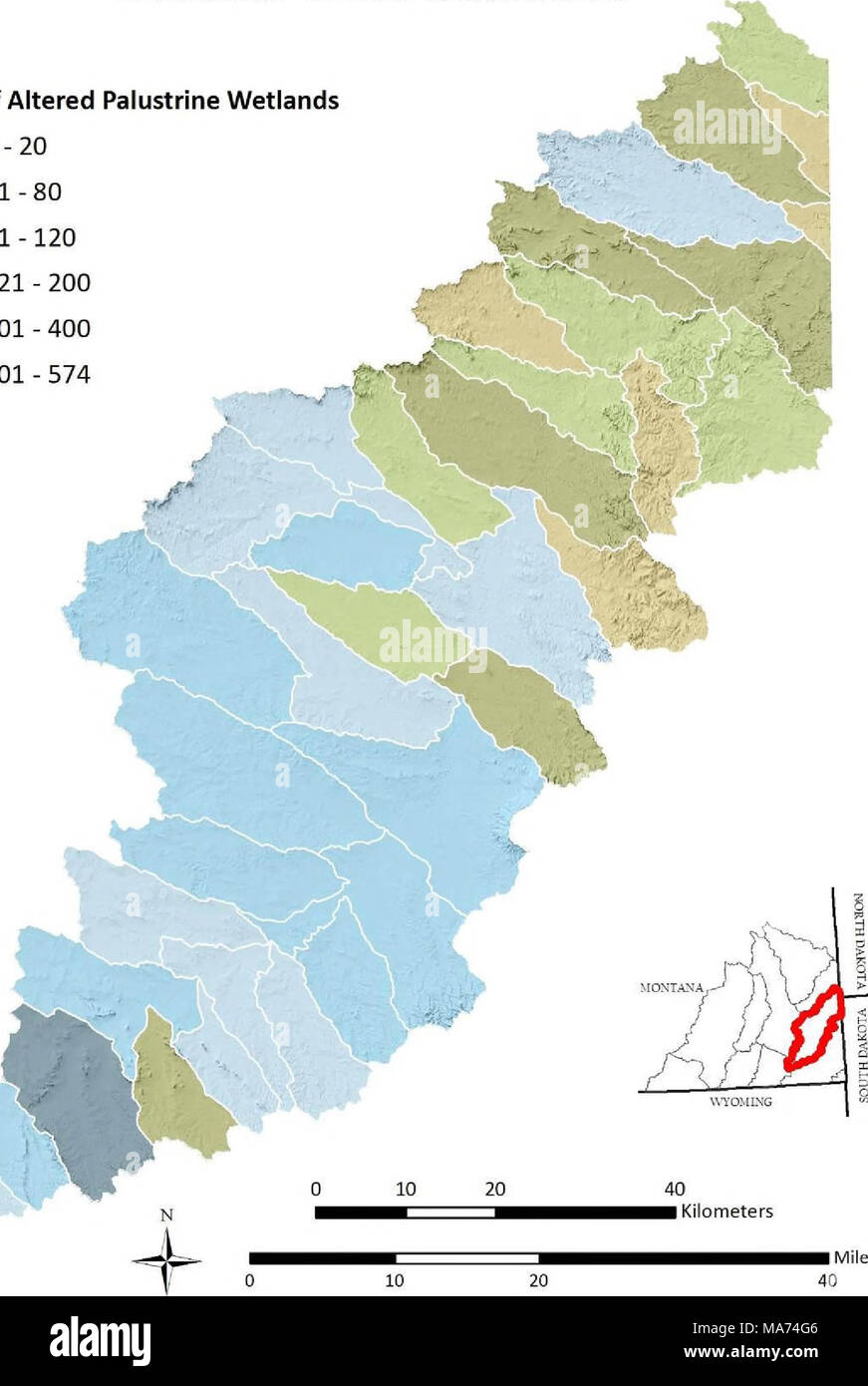 . Südosten Montana Feuchtgebiet Bewertung: die Entwicklung und Verfeinerung von Montana Feuchtgebiet Bewertung und Überwachung der Strategie. Meilen Abbildung 2. Morgen der anthropogen veränderten palustrine Feuchtgebiete (d. h., einem Graben, ausgelaugt, beschlagnahmt, ausgegraben, Federwild) von 6 Code hydrologischen Einheit in der boxelder Nebenfluss-wasserscheide. 52 Stockfoto