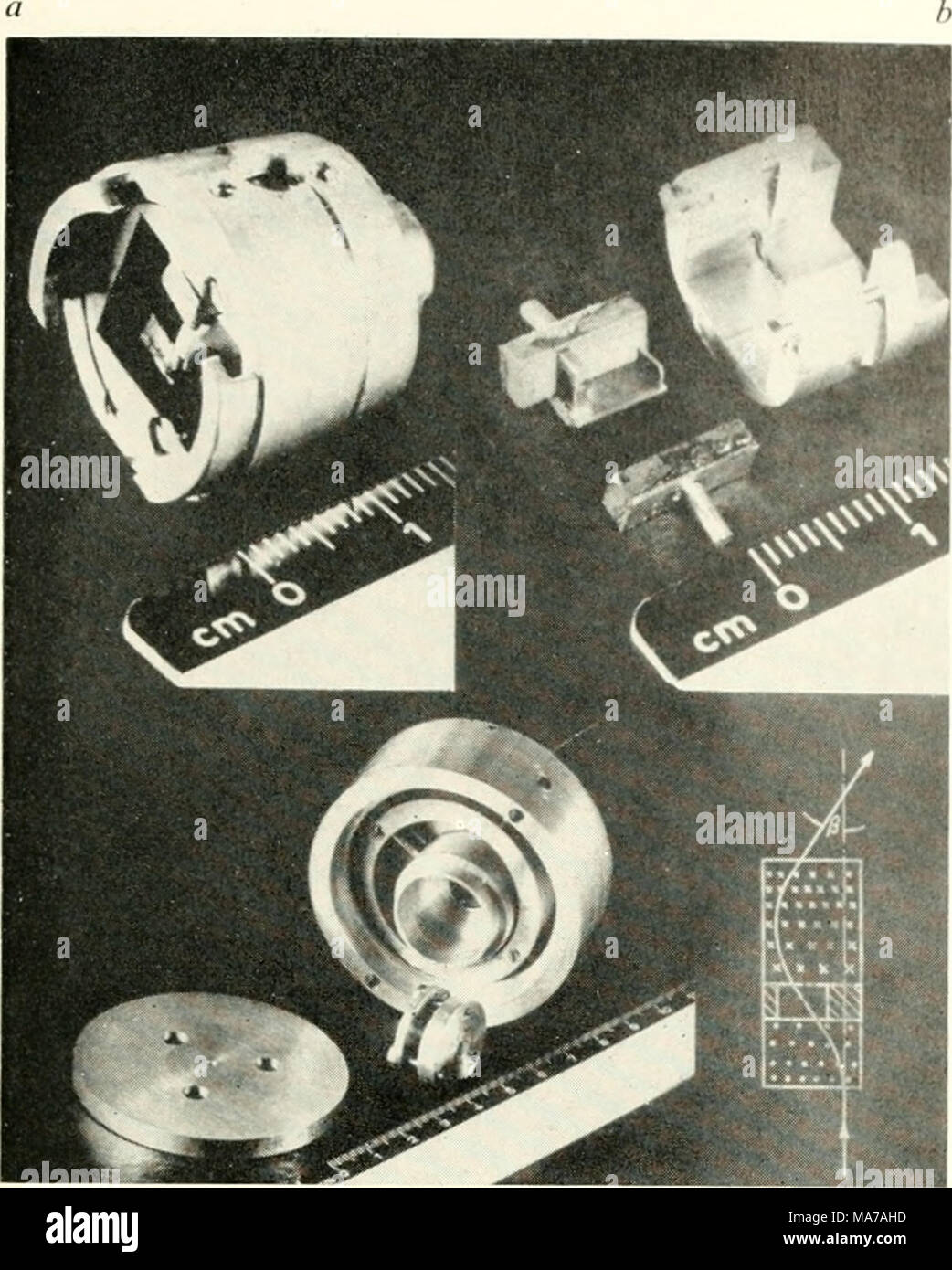 . Elektronenmikroskopie; Verfahren der Konferenz von Stockholm, September, 1956. Abb. 5. Reflexion Einheiten mit kleinen Dauermagneten. ^ = 2 mo U*BAz) Dz. Hier ist c die Ladung eines Elektrons,/?/" seine Masse, Bx die Komponente der Induktion senkrecht zu der Ebene, die der Bewegung. - Maßnahmen, die in die erste Richtung, das Feld erstreckt sich zwischen, r und r,. Abb. 5d zeigt das Prinzip einer Ablenkeinheit arbeiten mit kleinen flachen AiniCo-magnete. Abb. 5a zeigt die Einheit zusammengebaut und Abb. 5/) die Magnete, die Magnetische link und der moimt. Mit diesen Magneten einen Winkel von Ablenkung von I1 obtaine werden können Stockfoto . Elektronenmikroskopie; Verfahren der Konferenz von Stockholm, September, 1956. Abb. 5. Reflexion Einheiten mit kleinen Dauermagneten. ^ = 2 mo U*BAz) Dz. Hier ist c die Ladung eines Elektrons,/?/" seine Masse, Bx die Komponente der Induktion senkrecht zu der Ebene, die der Bewegung. - Maßnahmen, die in die erste Richtung, das Feld erstreckt sich zwischen, r und r,. Abb. 5d zeigt das Prinzip einer Ablenkeinheit arbeiten mit kleinen flachen AiniCo-magnete. Abb. 5a zeigt die Einheit zusammengebaut und Abb. 5/) die Magnete, die Magnetische link und der moimt. Mit diesen Magneten einen Winkel von Ablenkung von I1 obtaine werden können Stockfoto