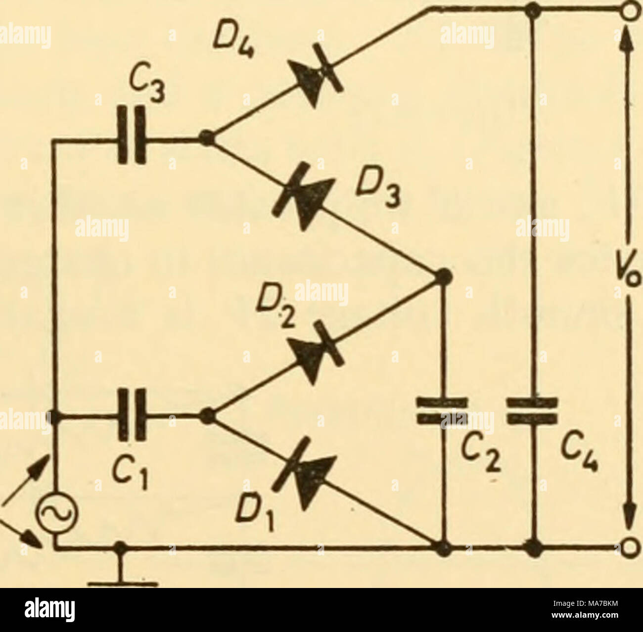 . Elektronische Geräte für die biologische Forschung. Feut-AV Abbildung 6.26 Abbildung 6.27 ist es möglich die Generatorspannung von größeren Faktoren durch das Stapeln von bis weitere Kapazitäten und Dioden in einer ähnlichen Art und Weise vermehren. Aufgrund der Verluste in den Dioden das Gesetz vom abnehmenden Ertragszuwachs arbeitet stark mit hohen Bestellungen von Spannung Multiplikation und die proportionale Diskrepanz zwischen der gewünschten Ausgangsspannung die Ausgangsspannung tatsächlich erreicht Ernst. Sextuplers sind selten. Die Cockcroft-Walton quadrupler ist manchmal in eine alternative Form, wie in Abbildung 6.27 gezeigt. Die capac Stockfoto