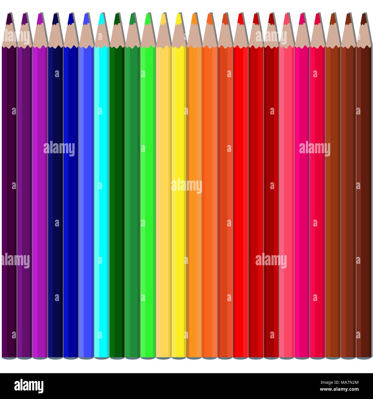 Farbstifte auf weißem Hintergrund. 24 Buntstifte 24 Farben Bleistift alle Farben des Regenbogens, in vertikaler Ausrichtung. Vector Illustration Stock Vektor