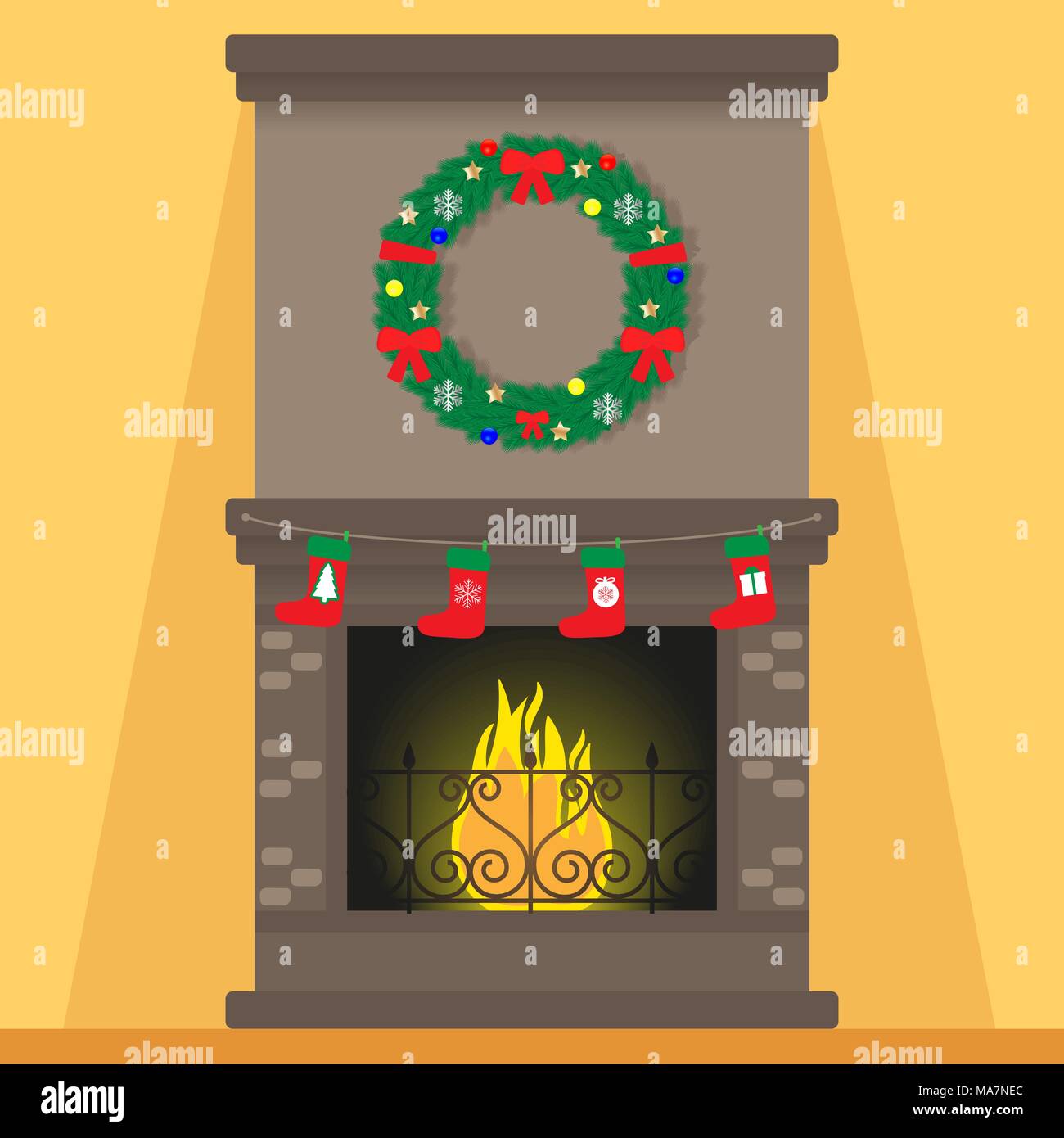 Weihnachten Kamin mit Dekorationen. Weihnachten Kranz, Strümpfe, Flamme Vector Illustration Stock Vektor