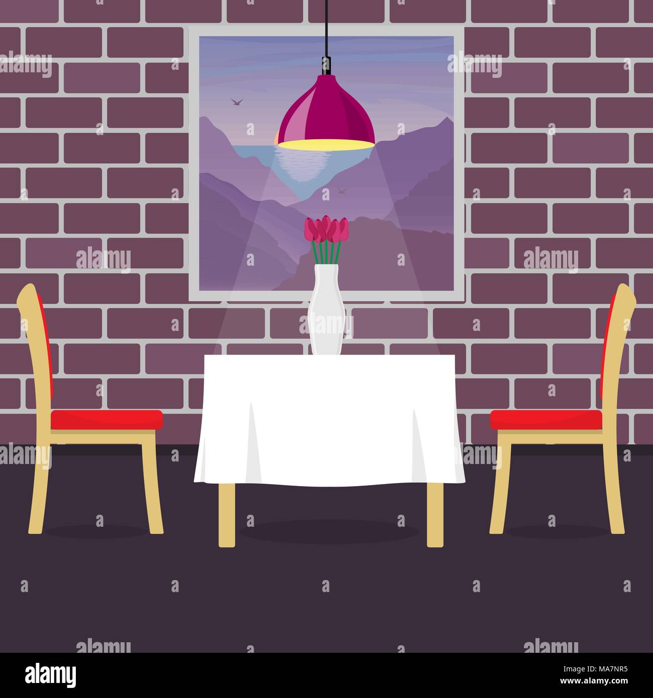 Restaurant Tisch mit zwei Stühlen und Vase mit Blumen. Tisch im gemütlichen Restaurant, eine hängende Lampe darüber. Vector Illustration im flachen Stil Stock Vektor