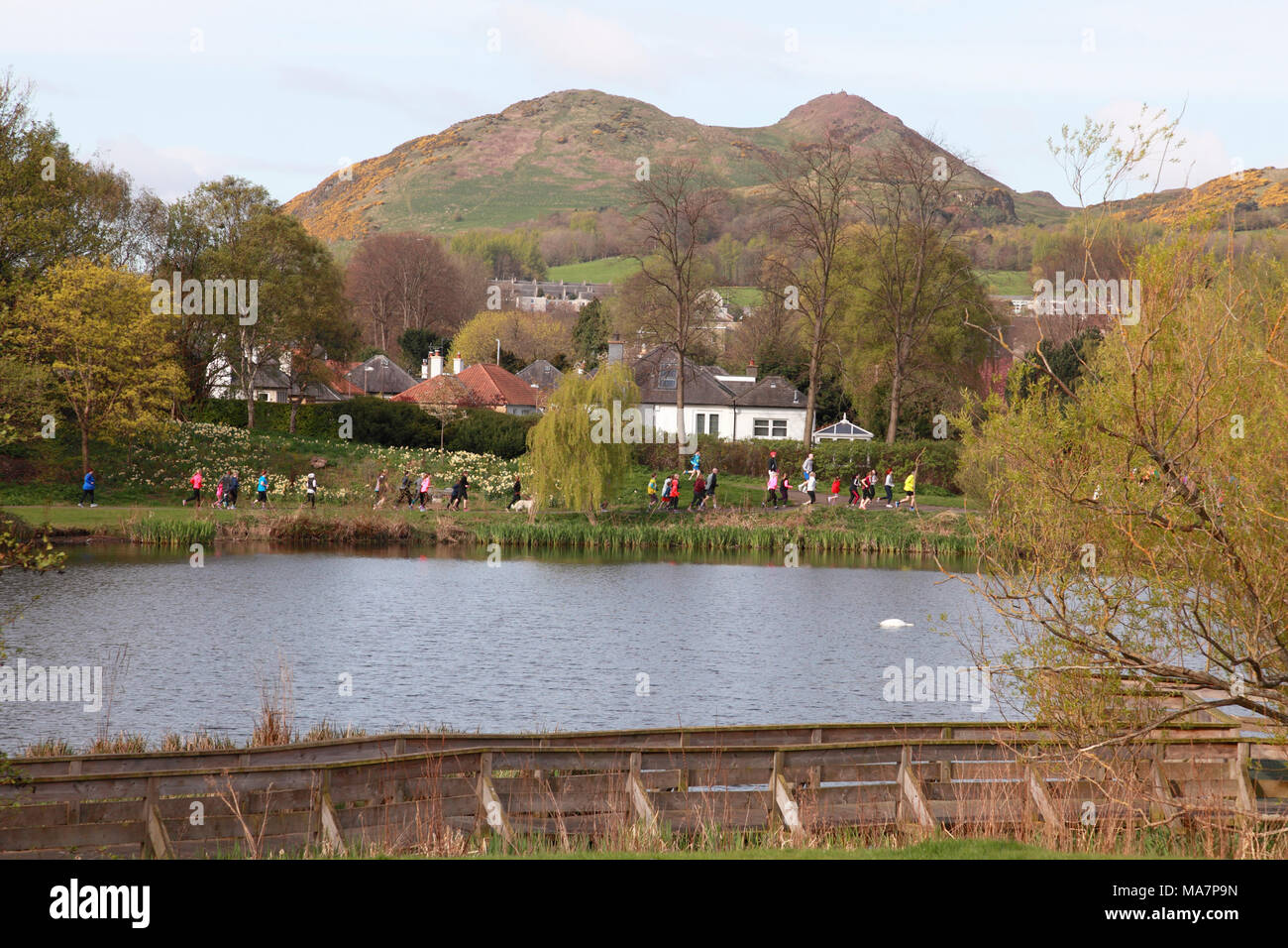 Teilnehmer an der Portobello 5K parkrun um Figgate Teich mit Arthur's Seat im Hintergrund Stockfoto