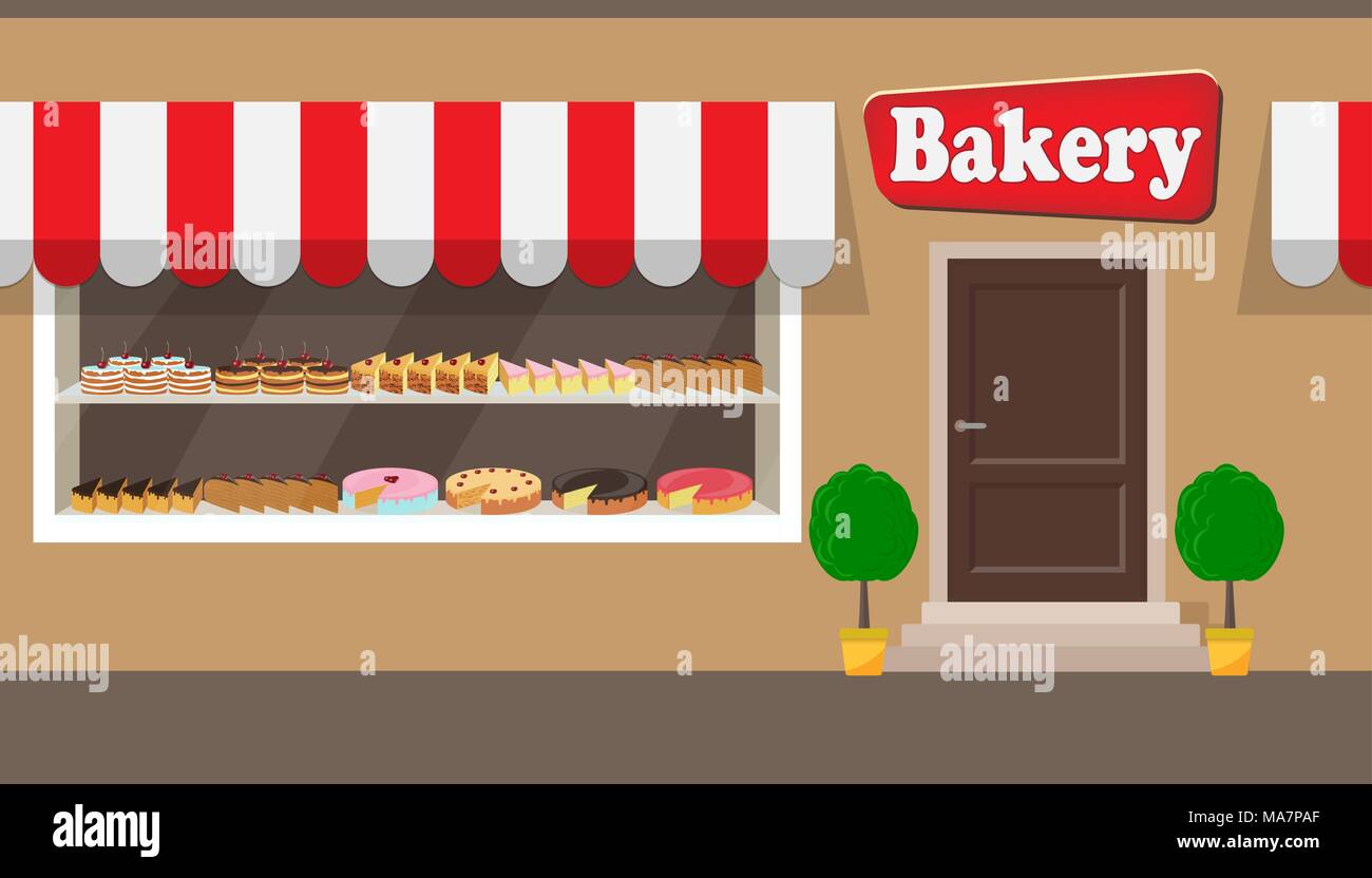 Bäckerei Gebäude Fassade mit Namensschild. Verschiedene Kuchen und Torten auf Regalen hinter Fensterglas. Bäckerei Fassade Vector Illustration in flachen Sty Stock Vektor