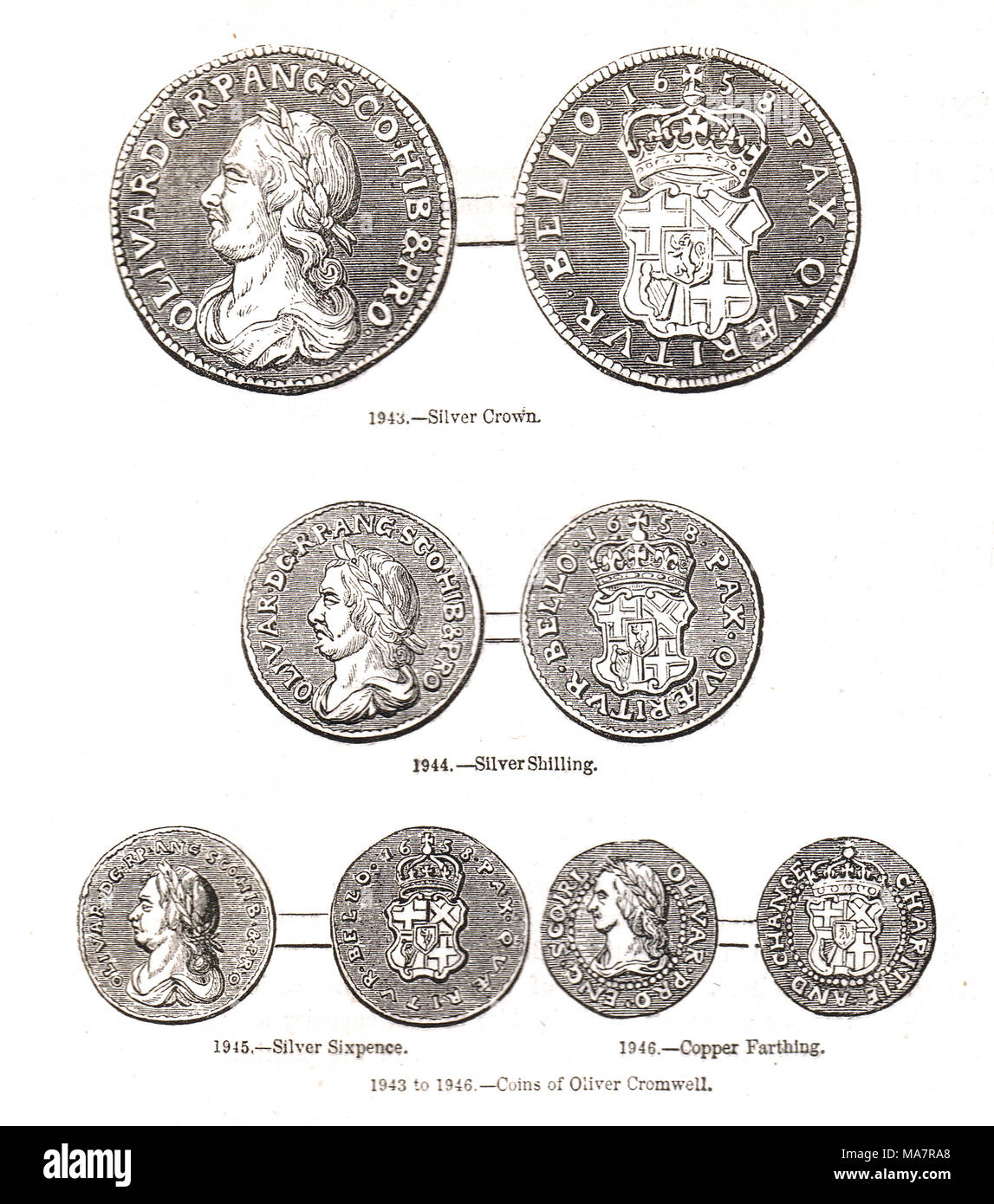 Münzen aus der Zeit von Oliver Cromwell, der Währung des Commonwealth von England, Schottland und Irland. Stockfoto