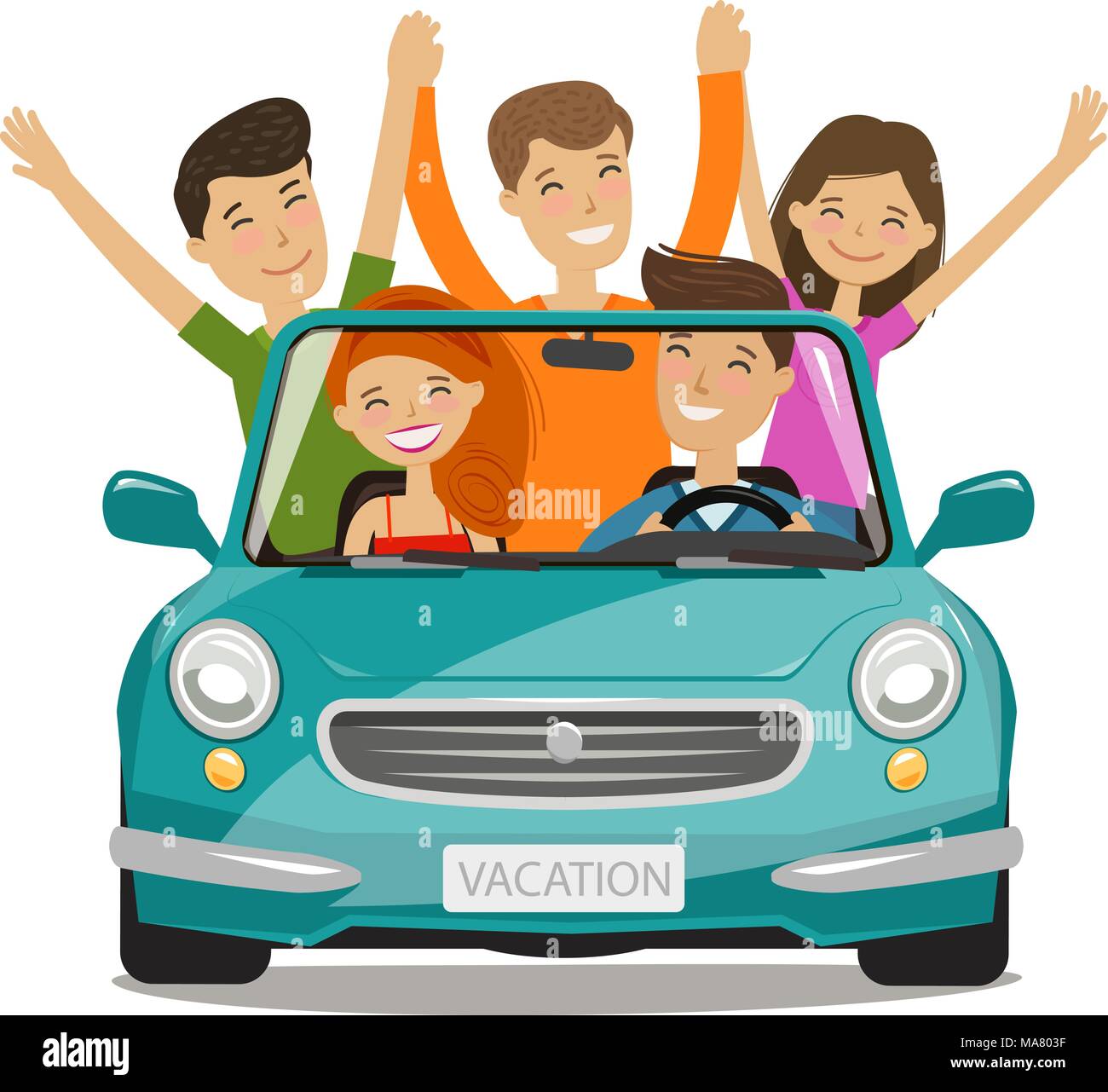 Urlaub, Reise Konzept. Glückliche junge Leute oder Freunde sind mit dem Auto unterwegs. Cartoon Vector Illustration Stock Vektor