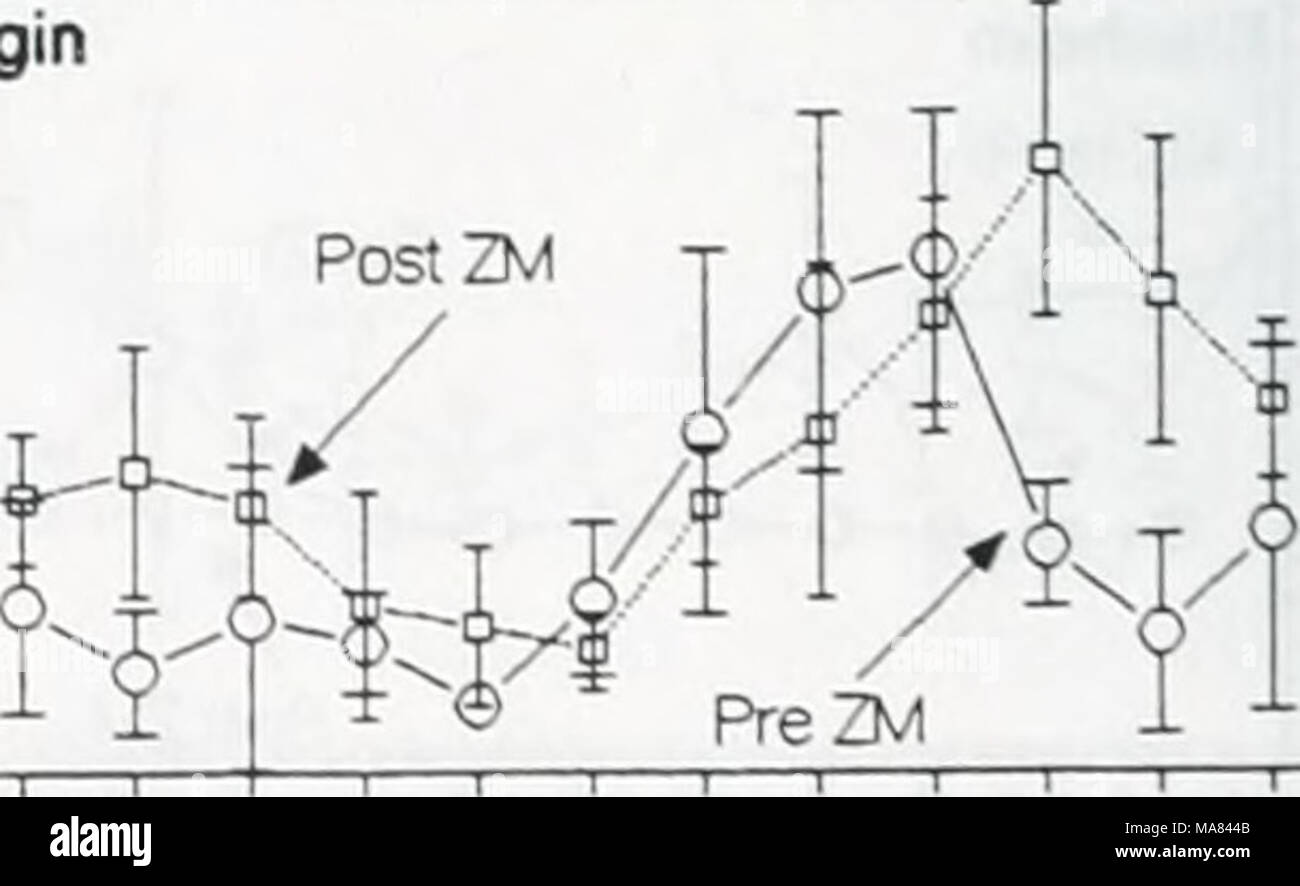 . Auswirkungen von Zebra Muscheln auf Chlorophyll, Stickstoff, Phosphor und Silizium in North shore Wasser des Lake Erie. 1 2 3 4 5 6 7 8 9 10 11 12 Monat Abbildung. 6. Monatliche bedeutet + 1 St. Dev. von Chlorophyll und Nährstoffkonzentrationen während Pre (1984-87) und der Post (1990-1994) Zebra mussel Zeiträume in Proben aus der Elgin Wasseraufnahme. Stockfoto