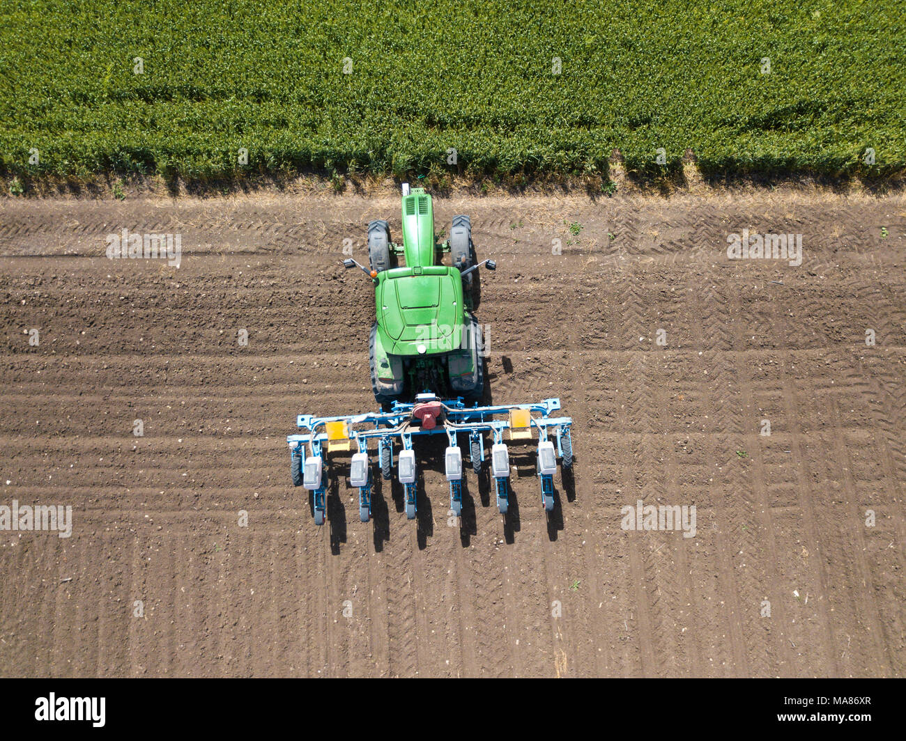 Grünen Traktor pflügen Trockenen - Luftbild Stockfoto