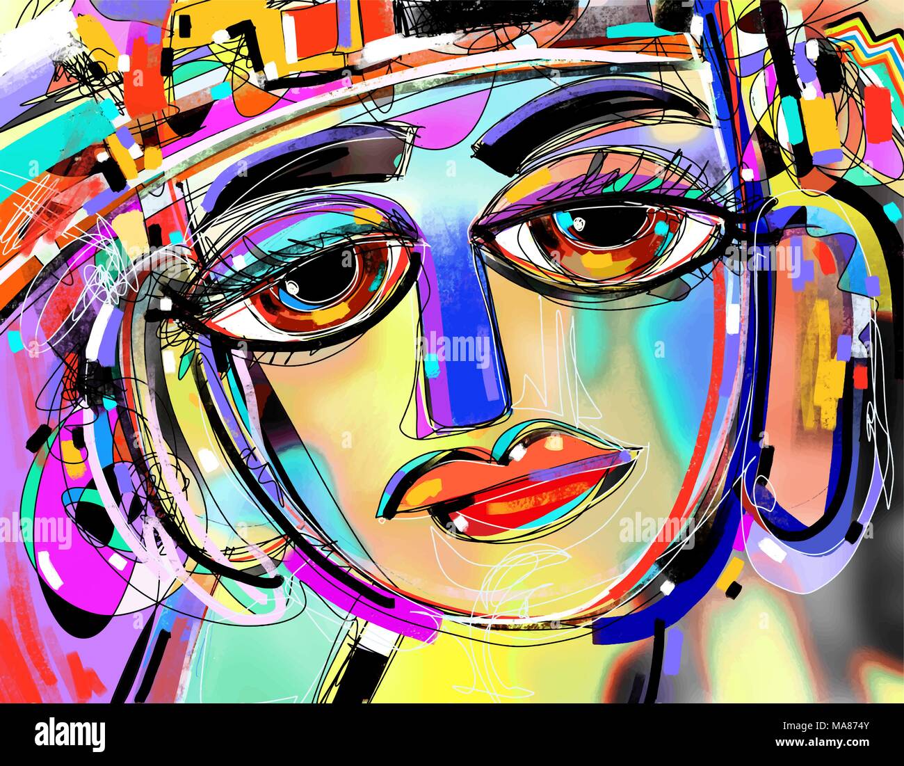 abstrakte digitale Originalgemälde des menschlichen Gesichts, bunte compo Stock Vektor