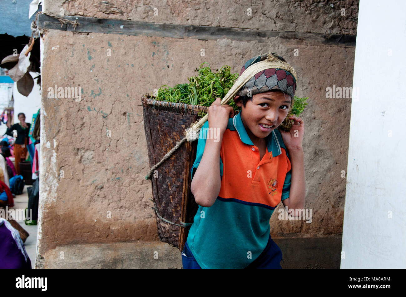 Nepal 2014. Manibanjan. Markttag. Junge mit einem Korb der Farnwedel, als ein Gemüse gegessen. Stockfoto