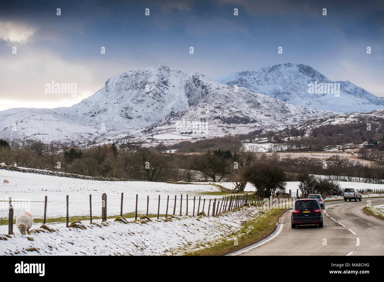 Winterlandschaft in Gwynedd in Nordwales. Der Schnee Cader Idris (Cadair Idris) Berg, Snowdonia National Park, Wales UK Stockfoto