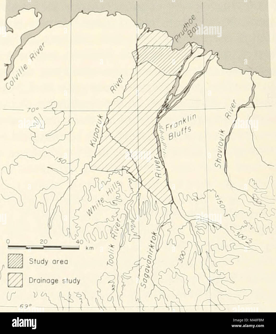 . Ökologische Untersuchungen der Tundra biome in der Prudhoe Bay, Alaska. Abb. 1. Lage der Studie in Bezug auf die Kanalisation der Kuparul< und Saga-vanirl</<Flüsse in Prudhoe Bay. Stockfoto