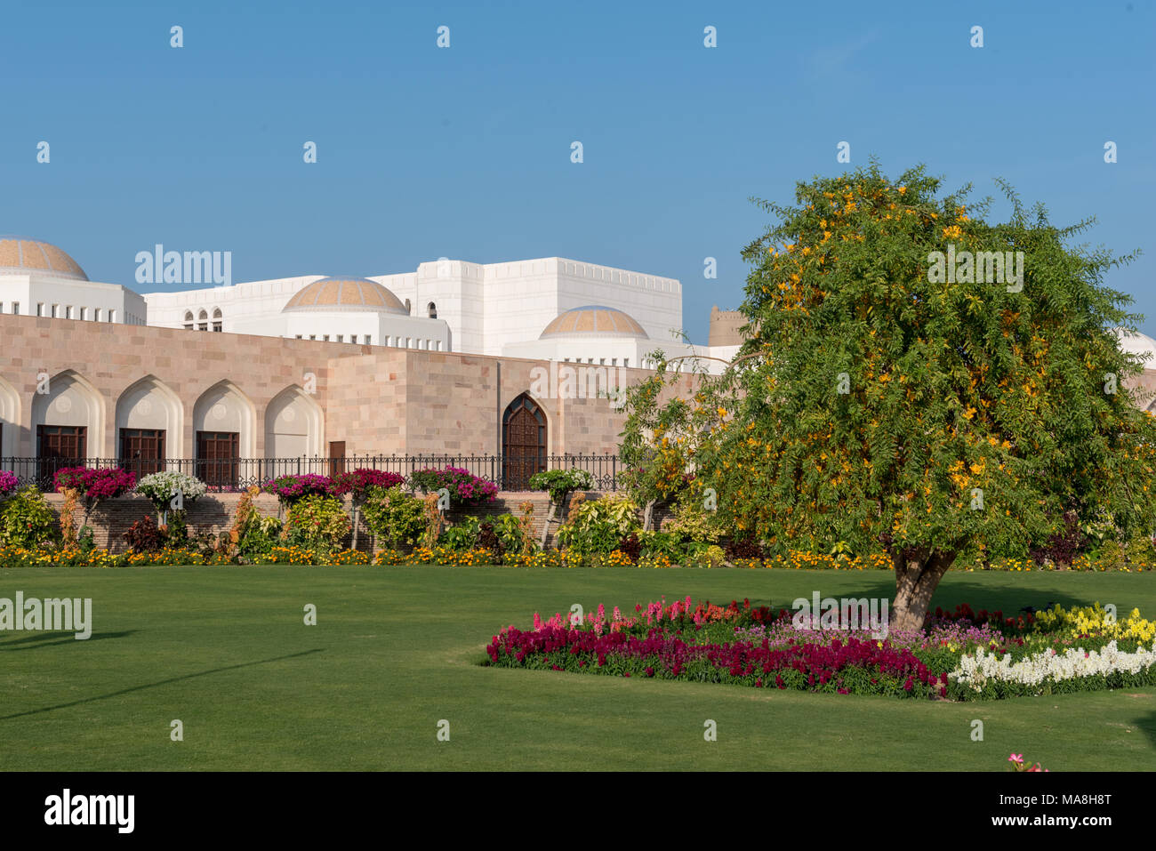 Al Alam Palast des Sultans von Oman in Mutrah (alte Muscat) auf der omanischen Küste Stockfoto