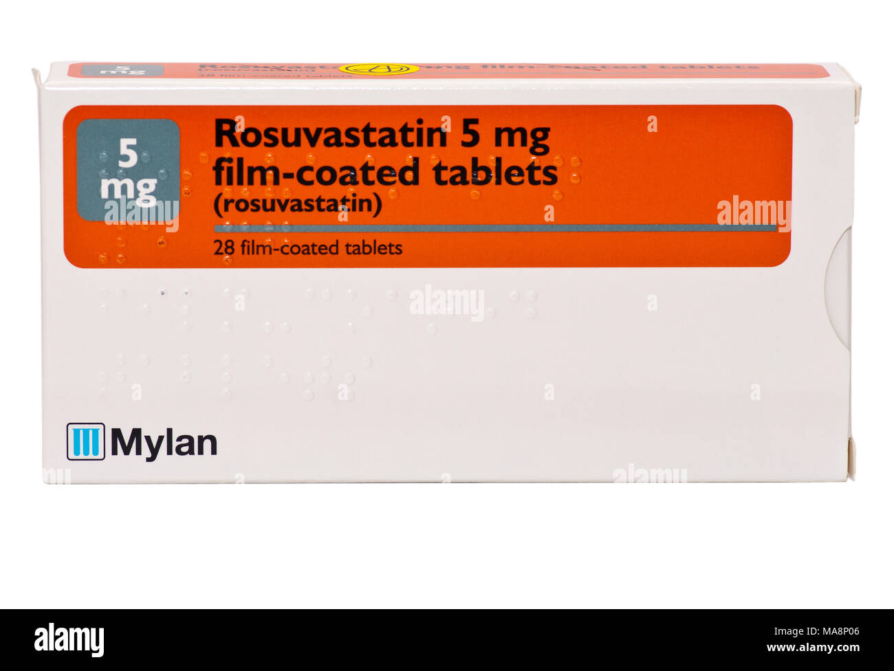 Schachtel mit 5 mg rosuvastatin Tabletten ein Statin zur Behandlung hoher Cholesterinspiegel verwendet Stockfoto