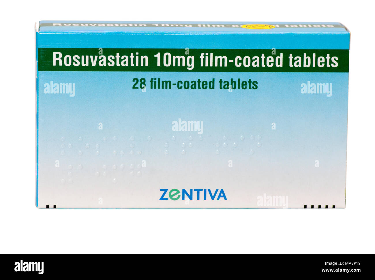 Box von 10 mg rosuvastatin Tabletten ein Statin zur Behandlung hoher Cholesterinspiegel verwendet Stockfoto