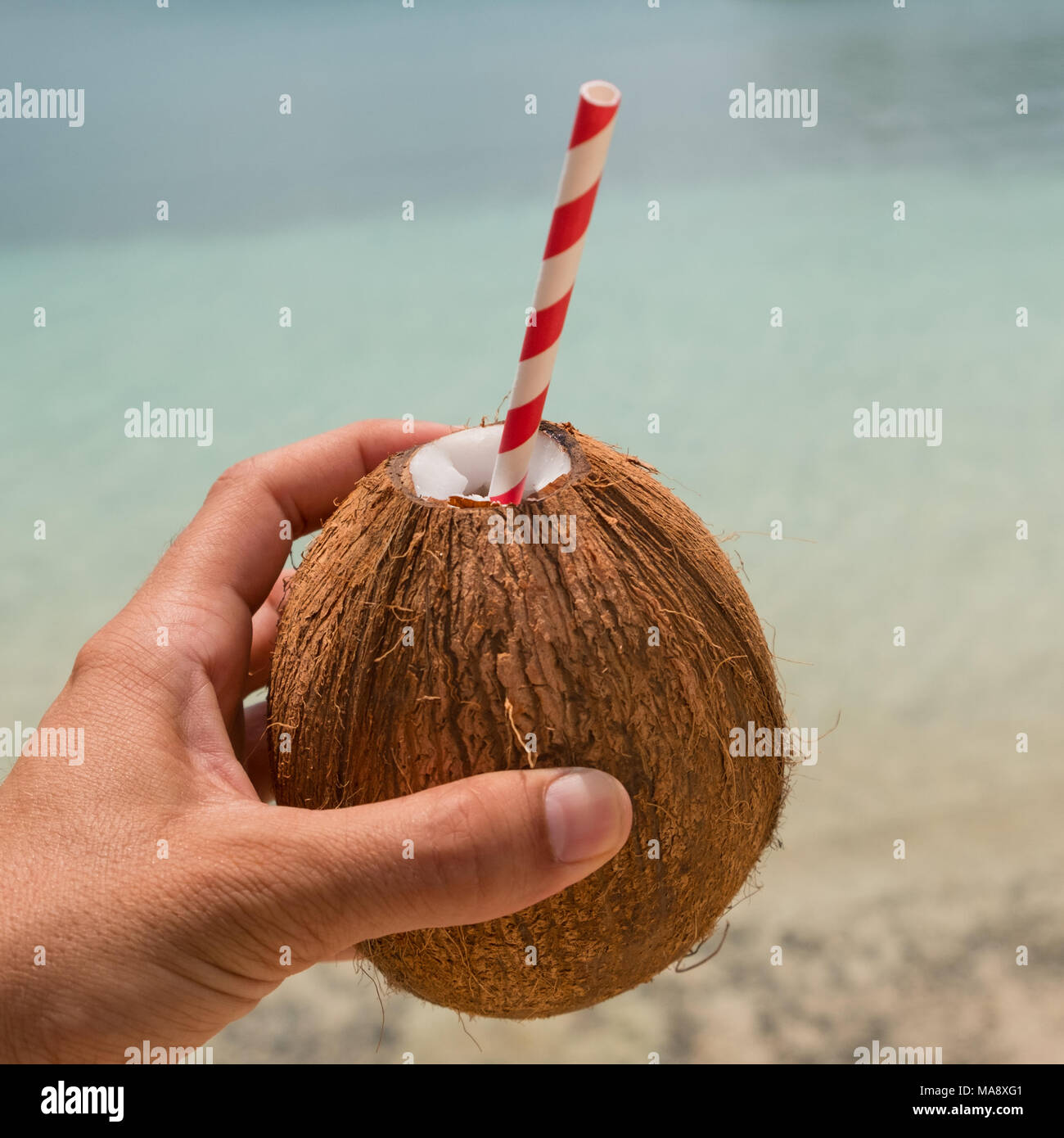 Hand mit Kokosnuss mit Trinkhalm, Ocean Beach Hintergrund - Stockfoto