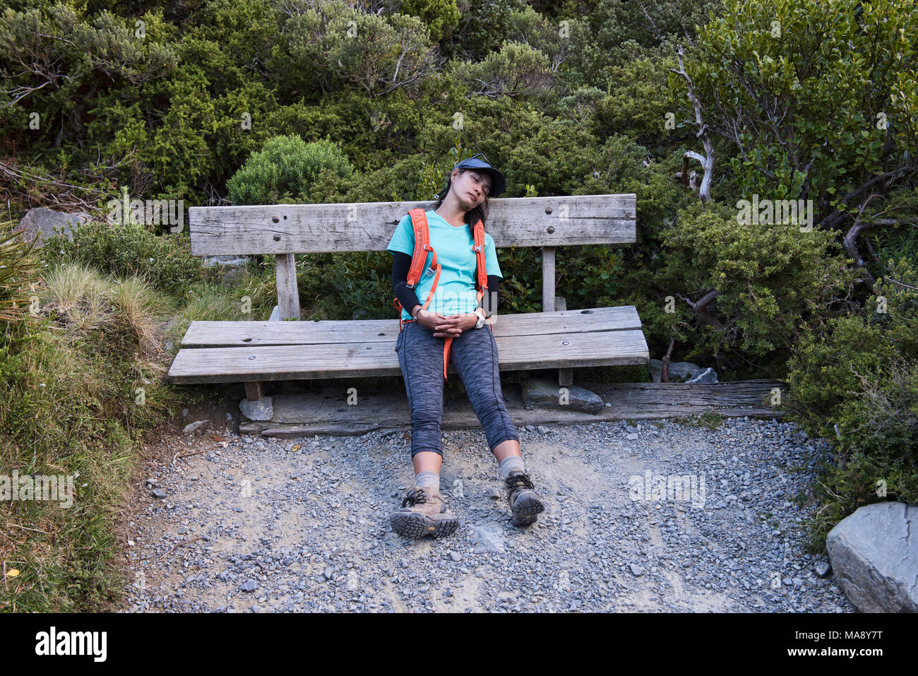 Erschöpft, Trekker, Mueller Hut Track, Südliche Alpen, Neuseeland Stockfoto